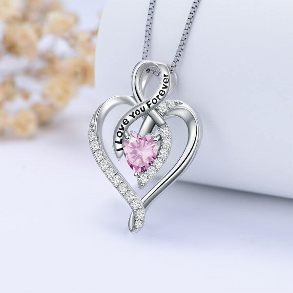 Sterling Silver Pink Haert Pendant Necklace with October Birthstone-3