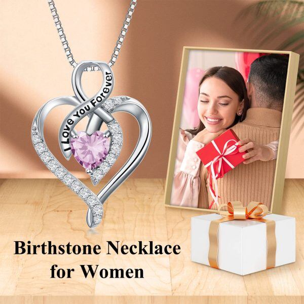 Sterling Silver Pink Haert Pendant Necklace with October Birthstone-5