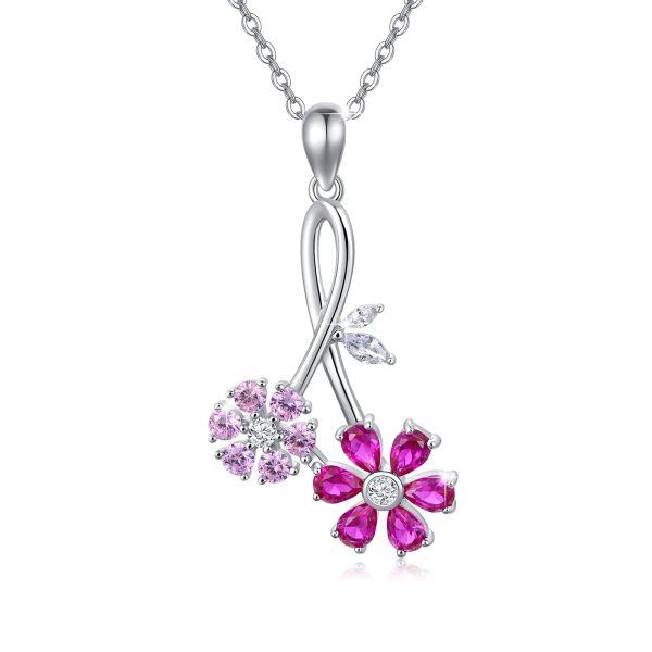 Sterling Silver Sakura Flower Pendant Necklaces with October Birthstone-0