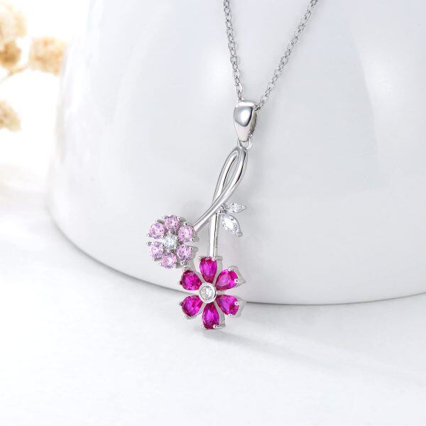 Sterling Silver Sakura Flower Pendant Necklaces with October Birthstone-4