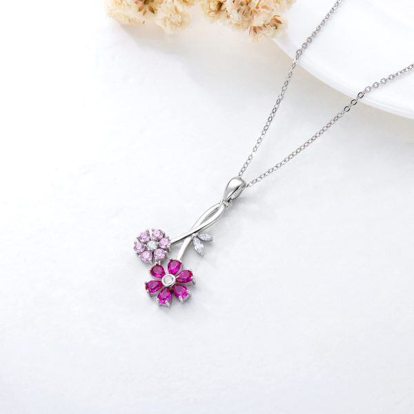 Sterling Silver Sakura Flower Pendant Necklaces with October Birthstone-5