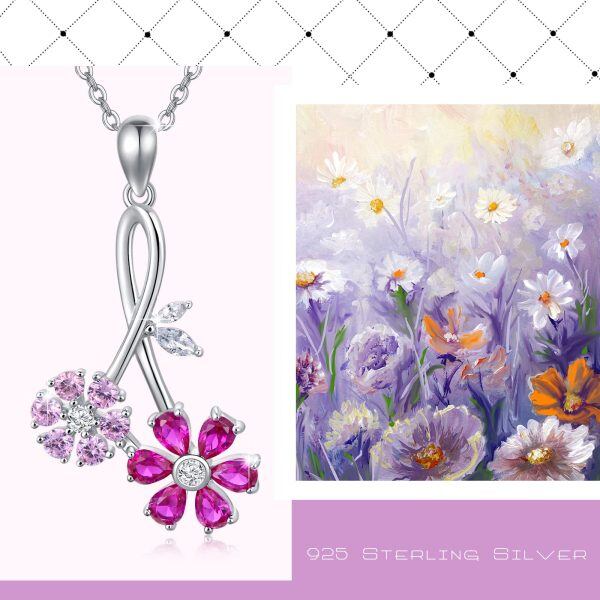 Sterling Silver Sakura Flower Pendant Necklaces with October Birthstone-6