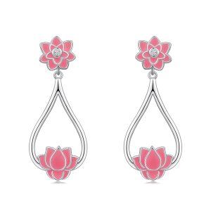 Sterling Silver Pink Enamel Lotus Flower Dangle Earrings-0