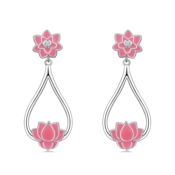 Sterling Silver Pink Enamel Lotus Flower Dangle Earrings-0