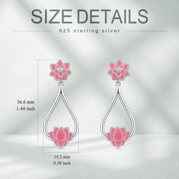 Sterling Silver Pink Enamel Lotus Flower Dangle Earrings-2