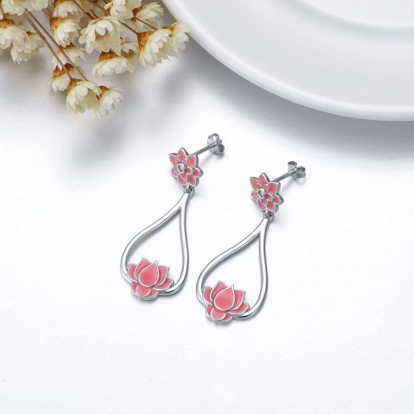 Sterling Silver Pink Enamel Lotus Flower Dangle Earrings-3