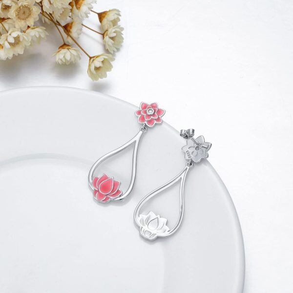 Sterling Silver Pink Enamel Lotus Flower Dangle Earrings-4