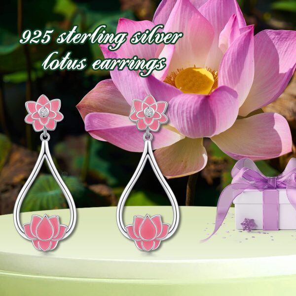 Sterling Silver Pink Enamel Lotus Flower Dangle Earrings-5