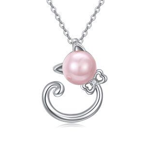 Sterling Silver Pink Pearl Cat Pendant Necklaces -0