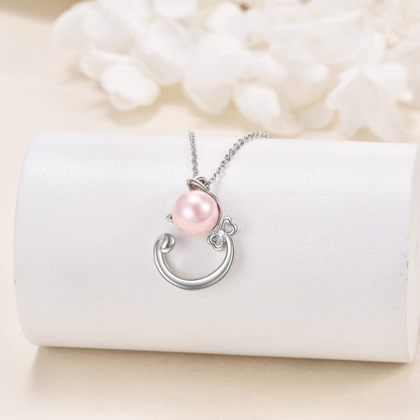 Sterling Silver Pink Pearl Cat Pendant Necklaces -3