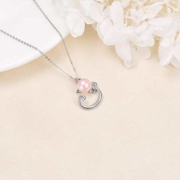 Sterling Silver Pink Pearl Cat Pendant Necklaces -4