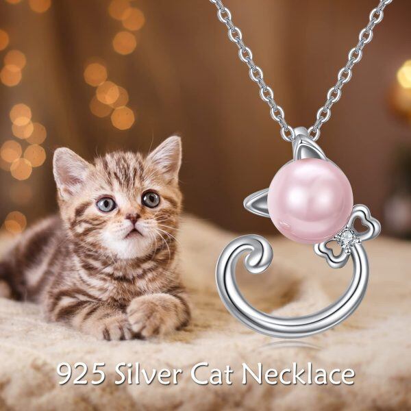 Sterling Silver Pink Pearl Cat Pendant Necklaces -5