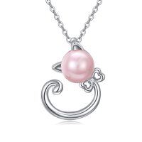 wholesale 925 Sterling Silver Pink Pearl Cat Pendant Necklace for Women- Rhodium Plated