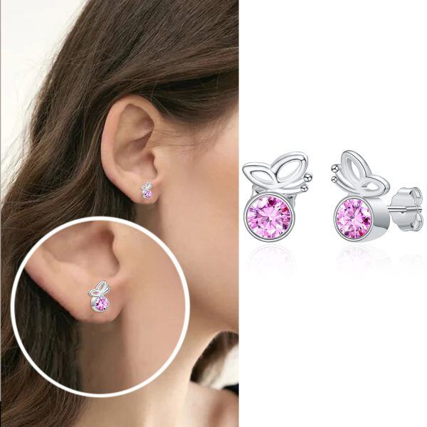 Sterling Silver Pink Crystal Butterfly Dangle Earrings-3