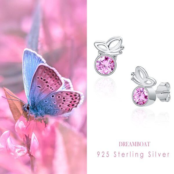 Sterling Silver Pink Crystal Butterfly Dangle Earrings-5