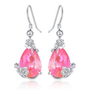 Sterling Silver Plum Blossom Dangle Earrings with Pink Crystal-0