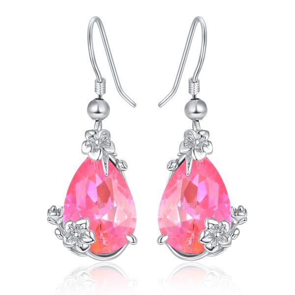 Sterling Silver Plum Blossom Dangle Earrings with Pink Crystal-0