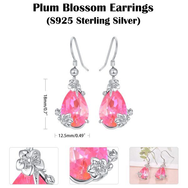 Sterling Silver Plum Blossom Dangle Earrings with Pink Crystal-1