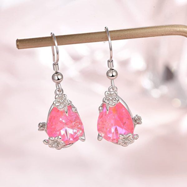 Sterling Silver Plum Blossom Dangle Earrings with Pink Crystal-3