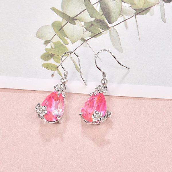 Sterling Silver Plum Blossom Dangle Earrings with Pink Crystal-4