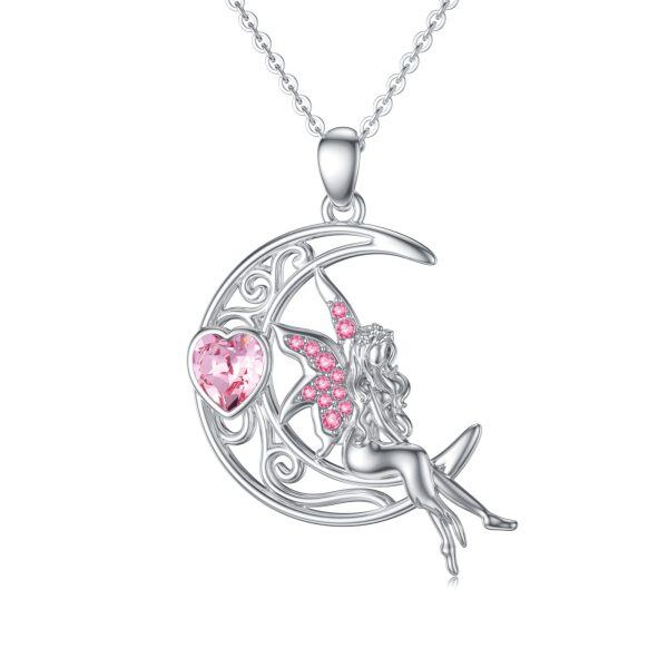 Sterling Silver Moon Fairy Pendant Necklaces with Pink Crystal-0