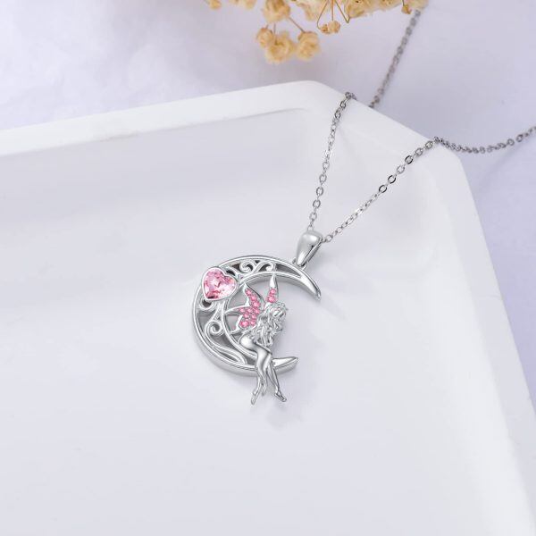 Sterling Silver Moon Fairy Pendant Necklaces with Pink Crystal-4