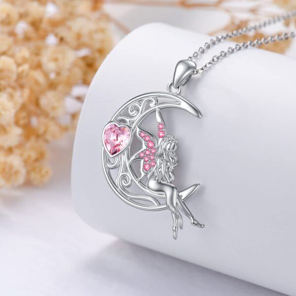 Sterling Silver Moon Fairy Pendant Necklaces with Pink Crystal-5