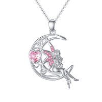 wholesale 925 Sterling Silver Pink Crystal Fairy Crescent Moon Pendant Necklace for Women and Girls Gifts- Rhodium Plated