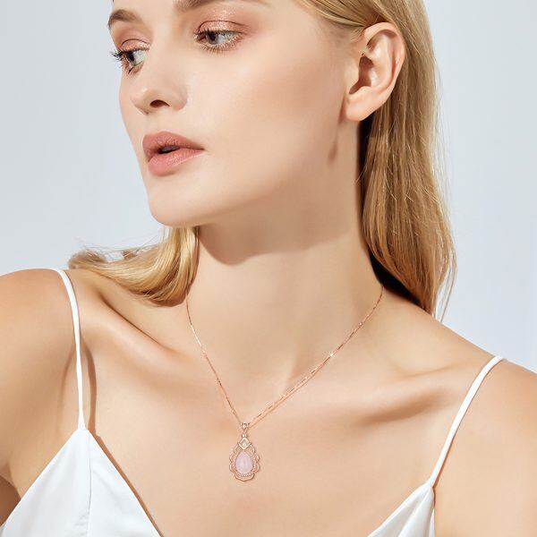 Sterling Silver Rose Quartz Teardrop Pendant Necklaces-2