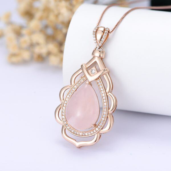 Sterling Silver Rose Quartz Teardrop Pendant Necklaces-3