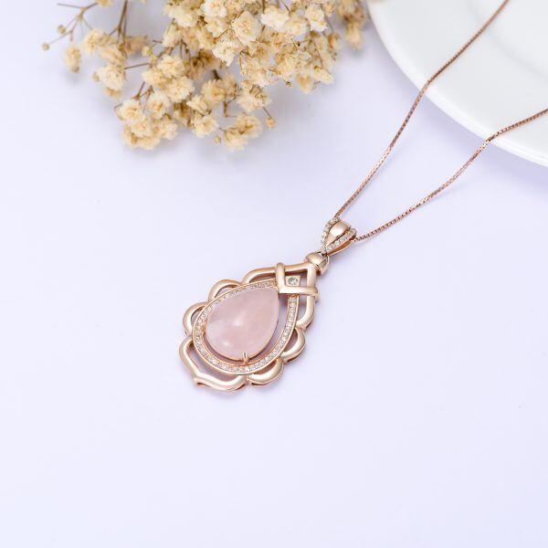 Sterling Silver Rose Quartz Teardrop Pendant Necklaces-4