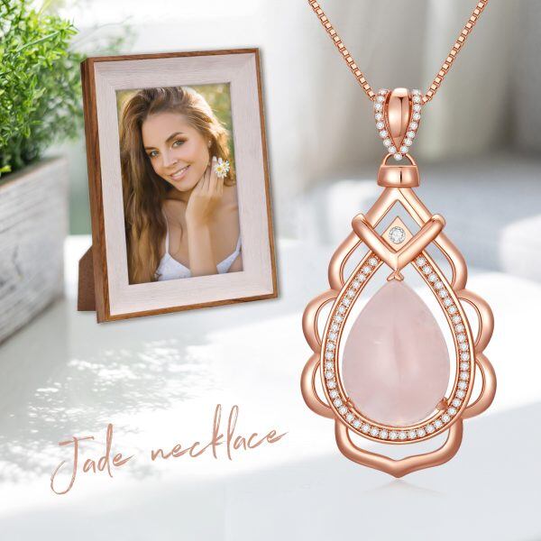 Sterling Silver Rose Quartz Teardrop Pendant Necklaces-5