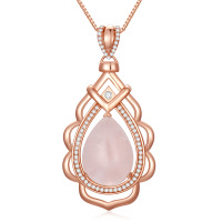 wholesale Rose Gold Plated Teardrop Pink Quartz Pendant Necklace  for Women- Rose Gold Plated