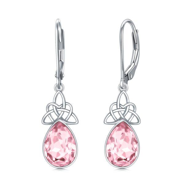 Sterling Silver Celtic Knot Pink Crystal Dangle Earrings with October Birthstone -0