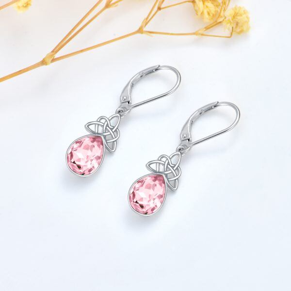 Sterling Silver Celtic Knot Pink Crystal Dangle Earrings with October Birthstone -3