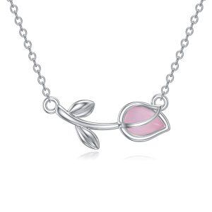 Sterling Silver Tulip Pendant Necklaces with Pink Cat's Eye-0