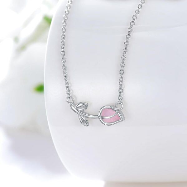 Sterling Silver Tulip Pendant Necklaces with Pink Cat's Eye-3