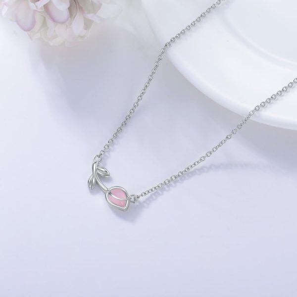 Sterling Silver Tulip Pendant Necklaces with Pink Cat's Eye-4