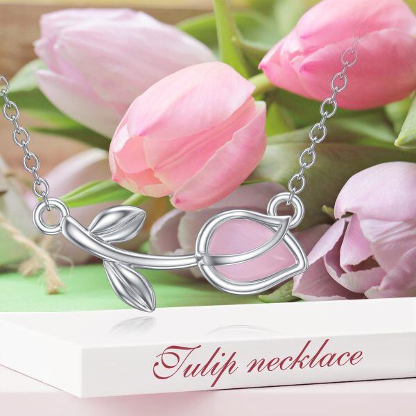 Sterling Silver Tulip Pendant Necklaces with Pink Cat's Eye-5