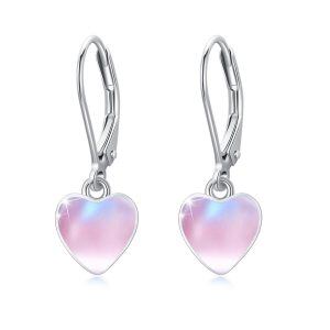 Sterling Silver 6mm Pink Opal Heart Dangle Earrings-0