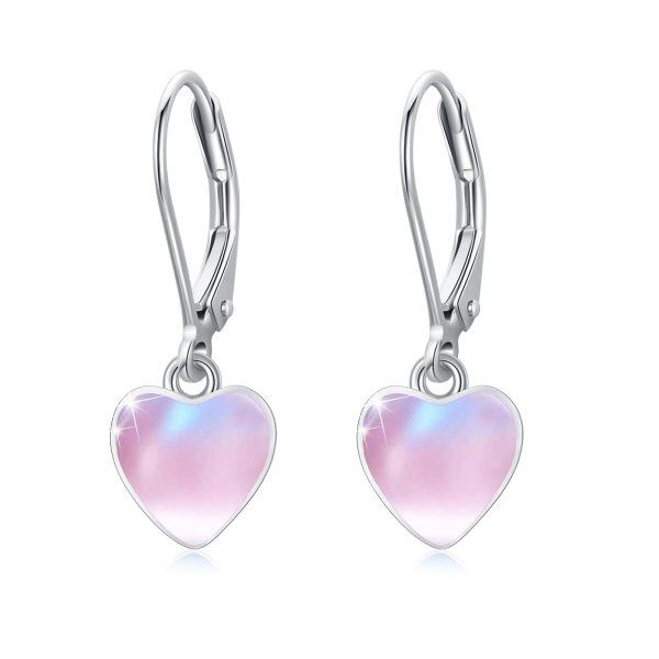 Sterling Silver 6mm Pink Opal Heart Dangle Earrings-0