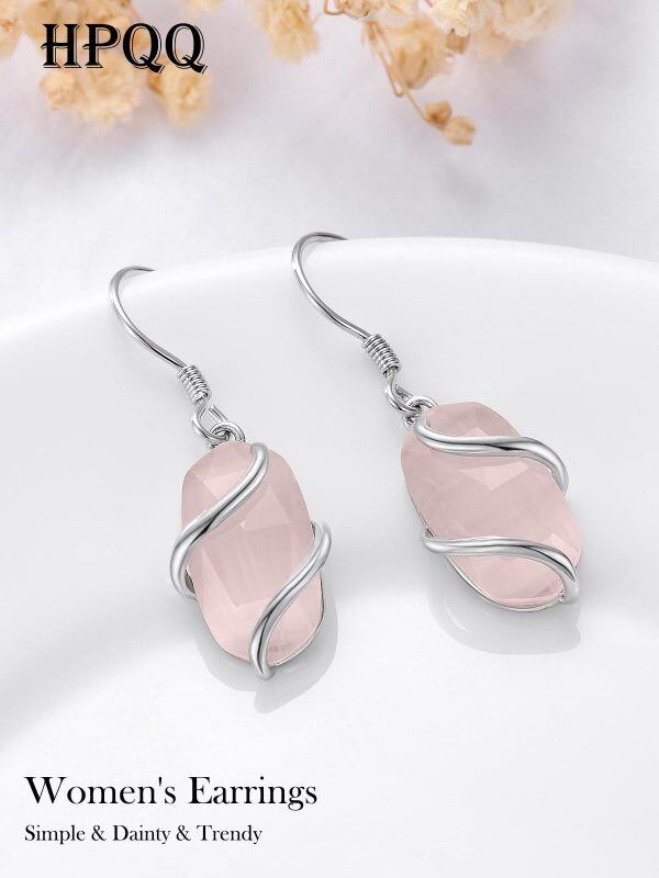 Sterling Silver Pink Quartz Dangle Earrings-5