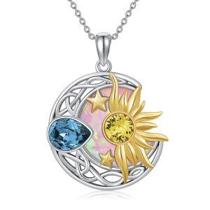 Sterling Silver Celtic Moon and Sun Pendant Necklaces with Pink Opal-0