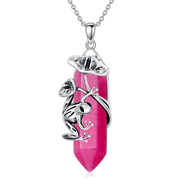 Sterling Silver Pink Crystal Frog Pendant Necklaces-0