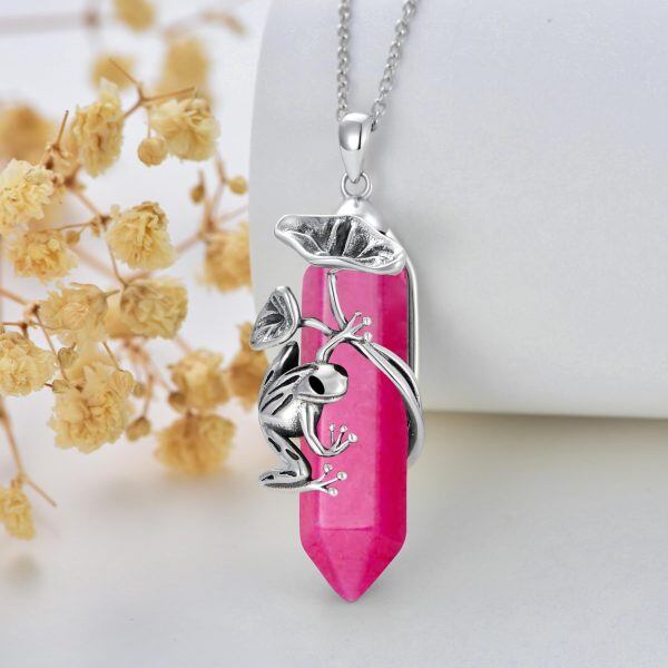 Sterling Silver Pink Crystal Frog Pendant Necklaces-4