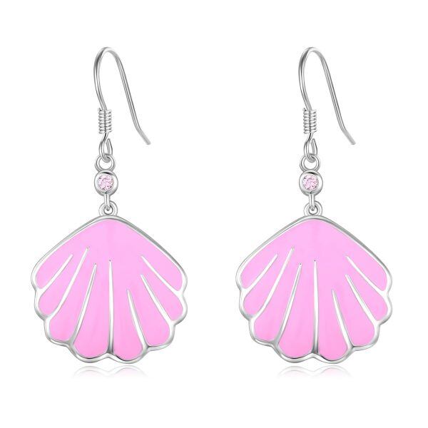 Sterling Silver Pink Enamel Shell Dangle Earrings-0