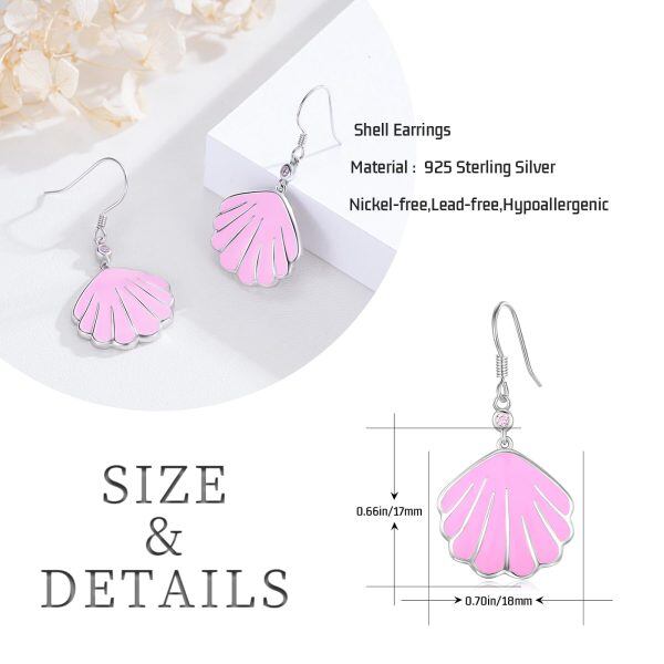 Sterling Silver Pink Enamel Shell Dangle Earrings-1