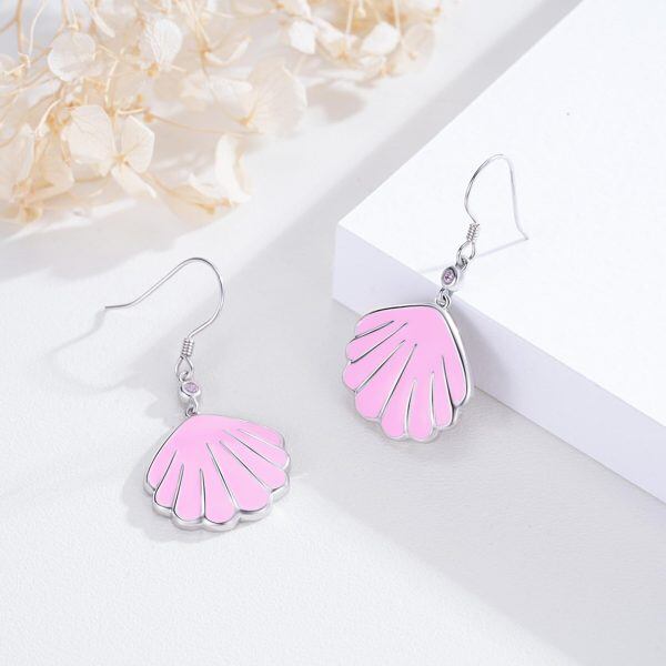 Sterling Silver Pink Enamel Shell Dangle Earrings-4