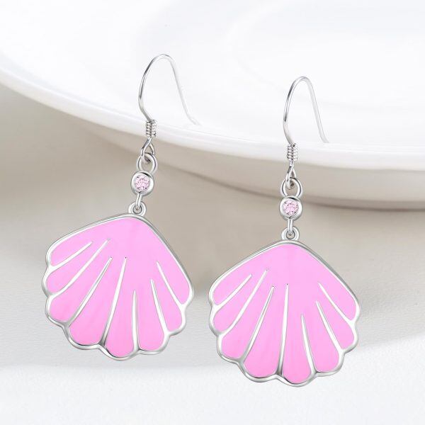 Sterling Silver Pink Enamel Shell Dangle Earrings-5