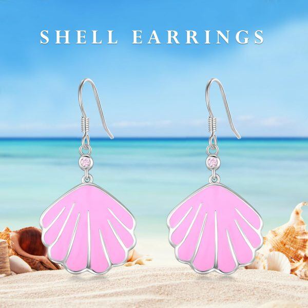 Sterling Silver Pink Enamel Shell Dangle Earrings-6